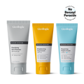 Three tubes of Geologie's Clear System skincare products, including a clarifying salicylic acid formula, a brightening SPF 15 day cream, and a repairing night cream with retinol, clinically proven to clear acne.